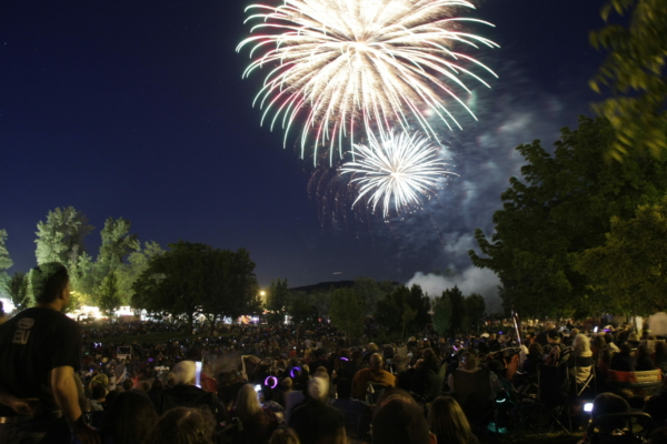 A large crowd watching fireworks